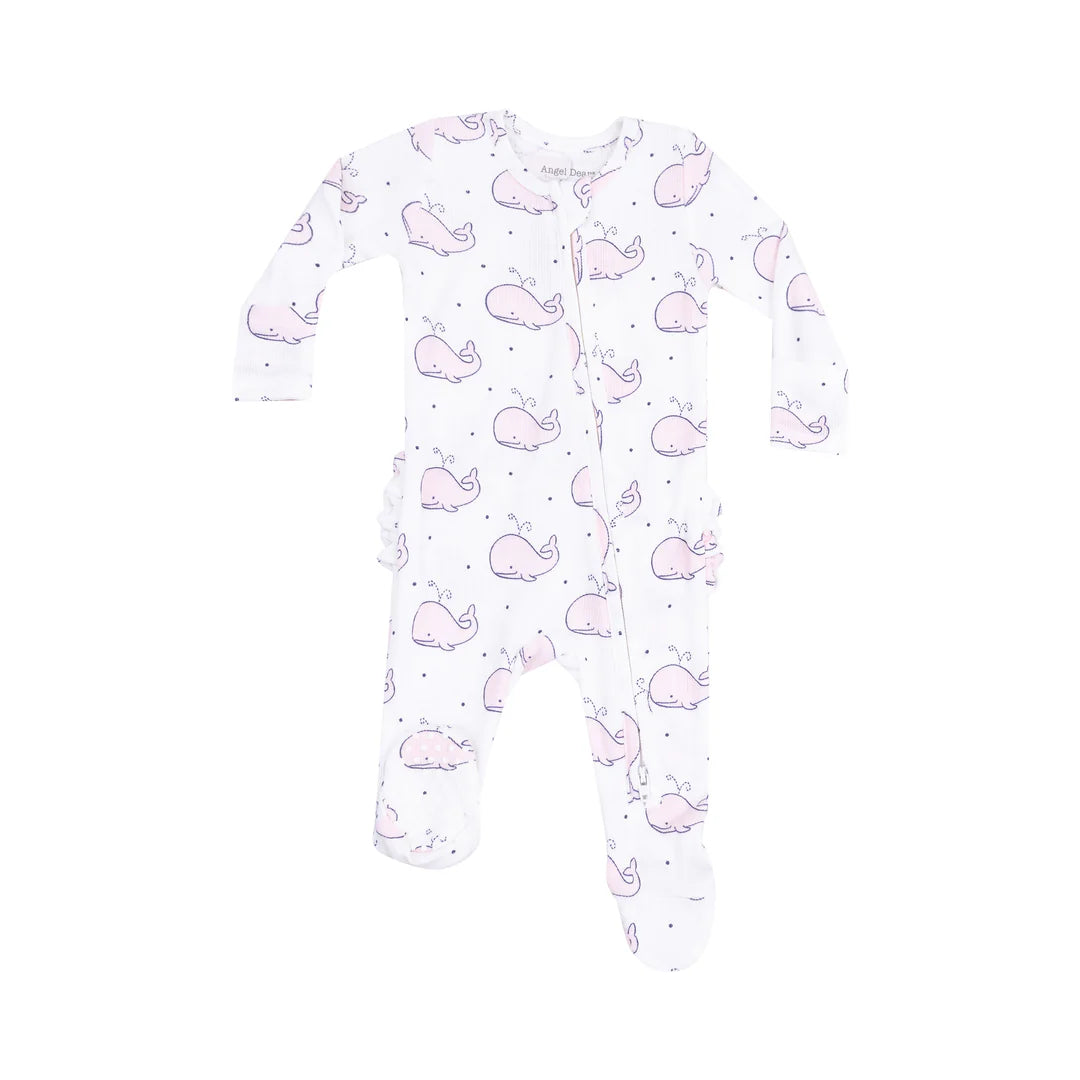 2 Way Zipper Ruffle Footie, Bubbly Whale Pink