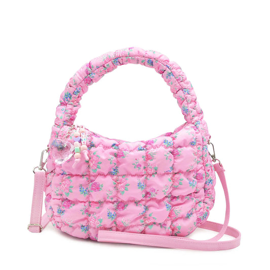 Quilted Scrunchies Floral Printed Mini Hobo Crossbody Bag, Pink Floral Print Scrunch