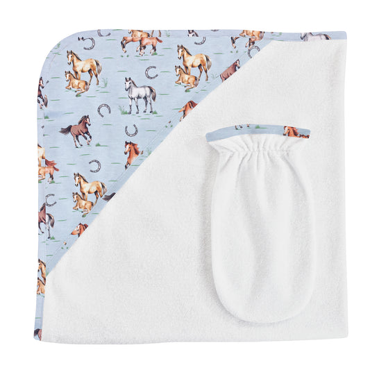 Sweet Horses Light Blue Printed Hooded Towel with Mitt