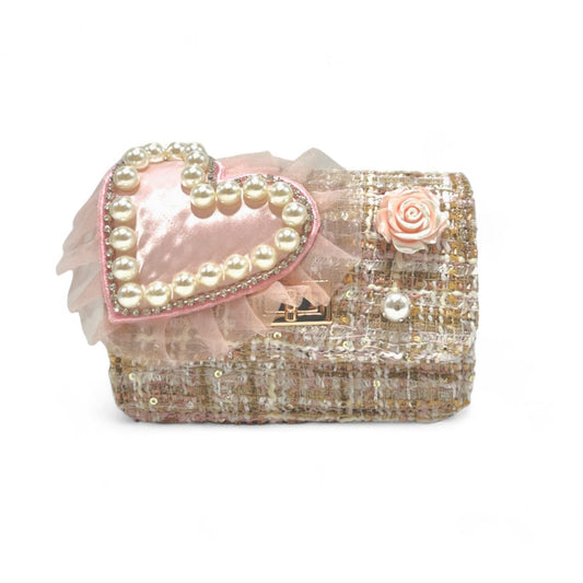 Big Heart Tweed Purse, Pink & Beige