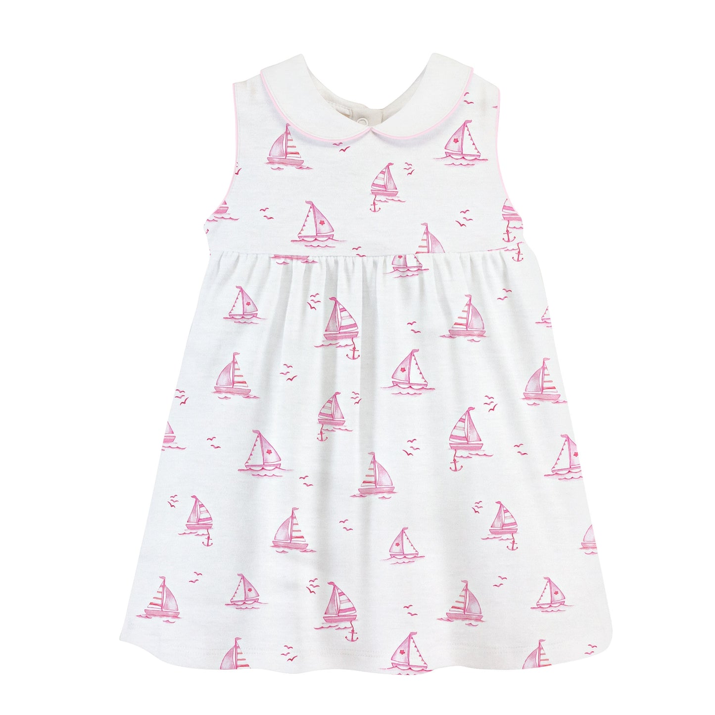 Sailing Boats Pink Printed Dress with Round Collar