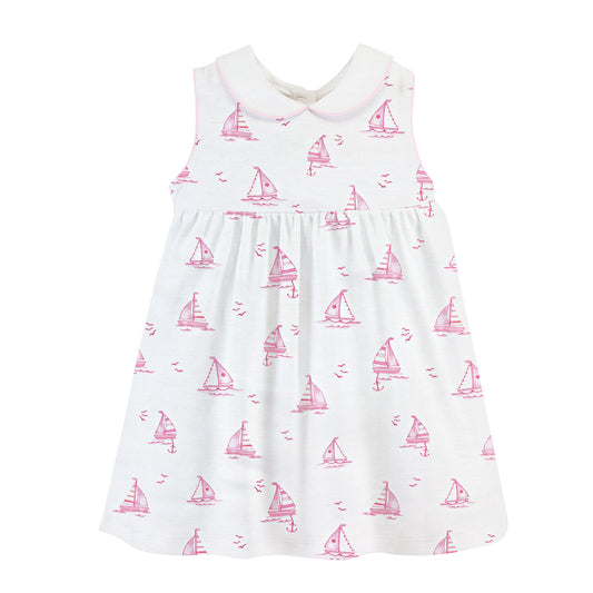 Sailing Boats Pink Printed Dress with Round Collar