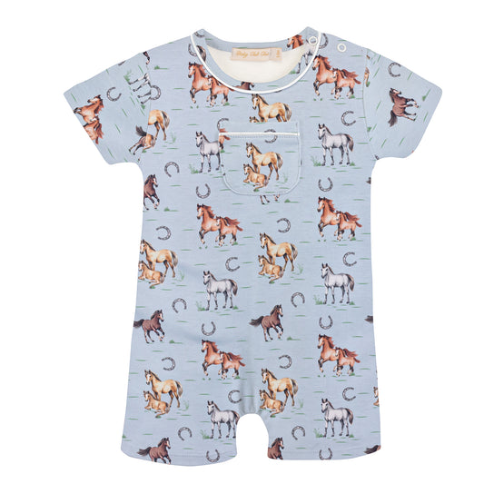 Sweet Horses Light Blue Printed Romper with Pocket