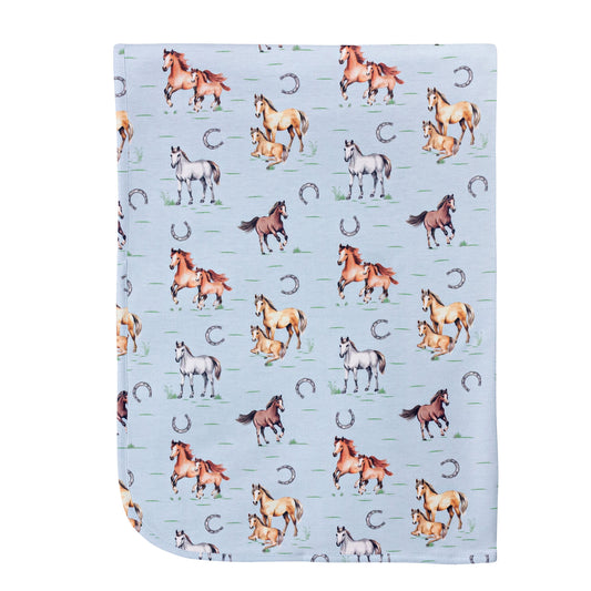 Sweet Horses Light Blue Printed Receiving Blanket