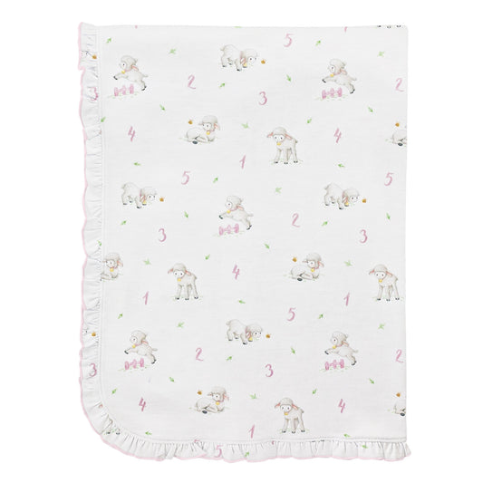 Counting Baby Sheep Pink Printed Receiving Blanket with Ruffles