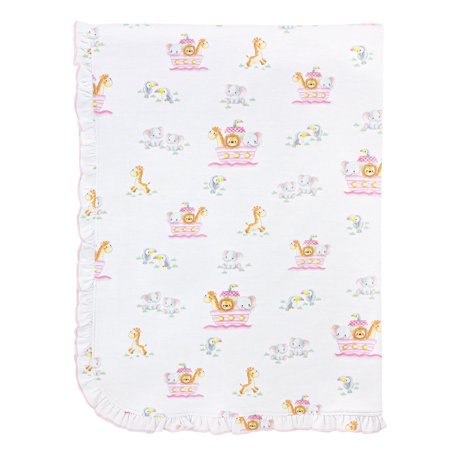 Noah’s Ark Pink Printed Receiving Blanket with Ruffles