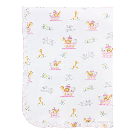 Noah’s Ark Pink Printed Receiving Blanket with Ruffles