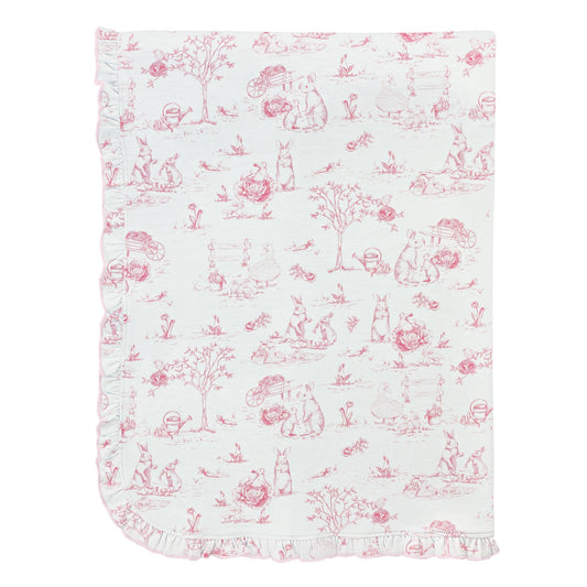 Pink Toile Bunnies Printed Receiving Blanket with Ruffles