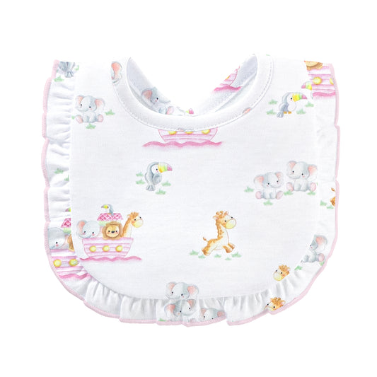 Noah’s Ark Pink Printed Bib with Ruffle