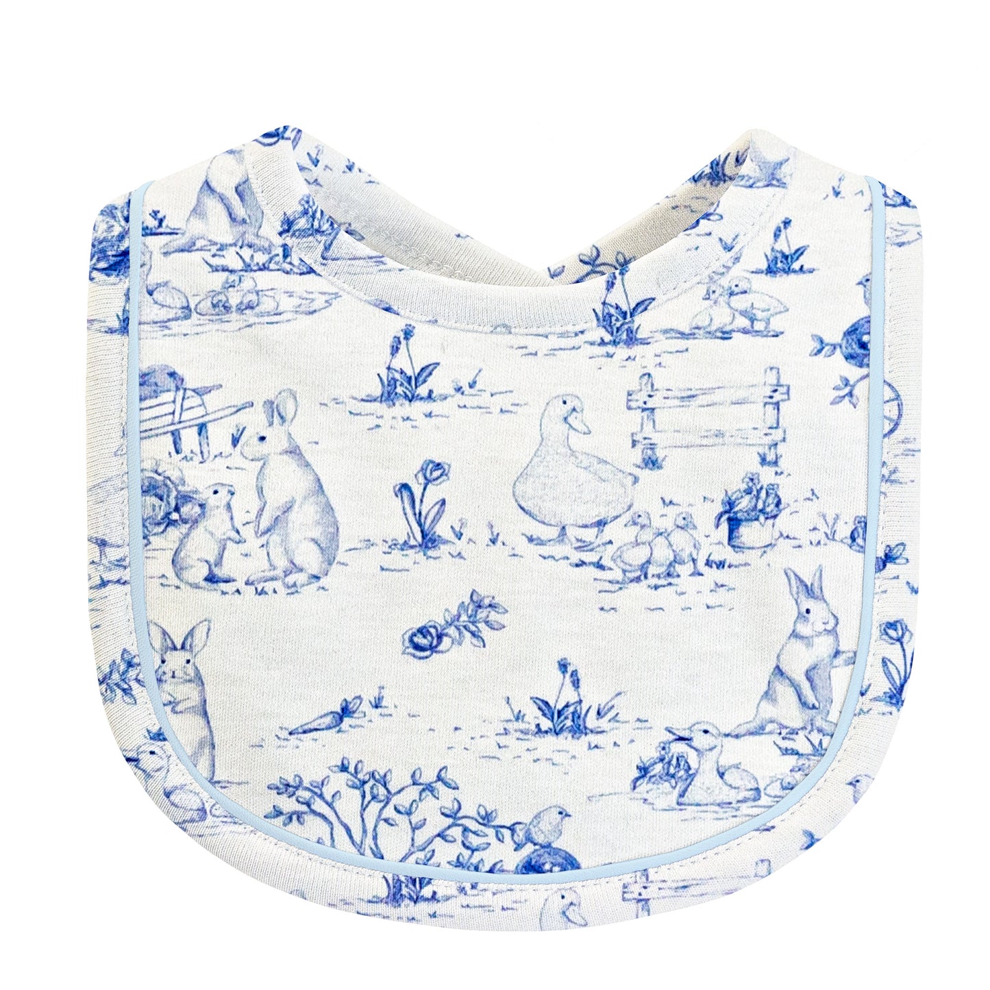 Blue Toile Bunnies Bib with Piping Trim