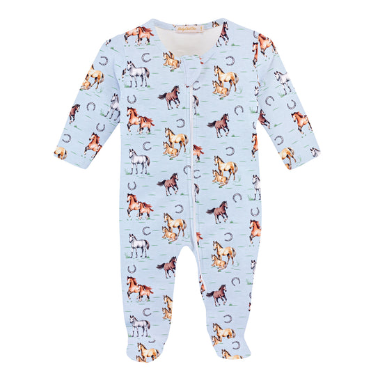 Sweet Horses Light Blue Printed Zipped Footie