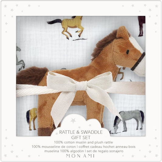 Rattle & Swaddle Gift Set, Horse / Chantilly