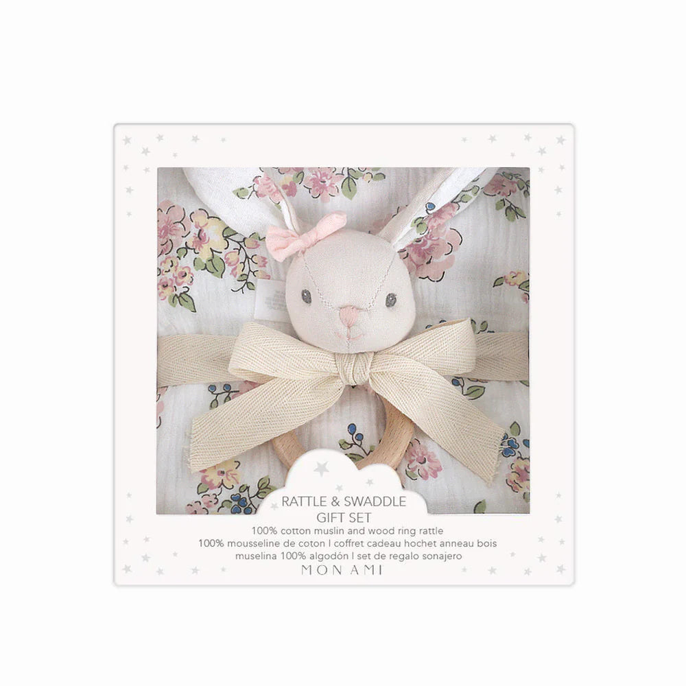 FRENCH FLORAL BUNNY-SWADDLES & RATTLE GIFT SET