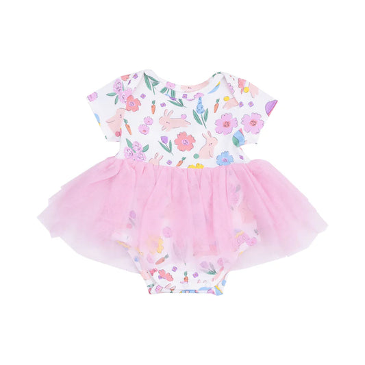 TWIRLY SHORT SLEEVE TUTU BODYSUIT DRESS - EASTER BUNNIES PINK