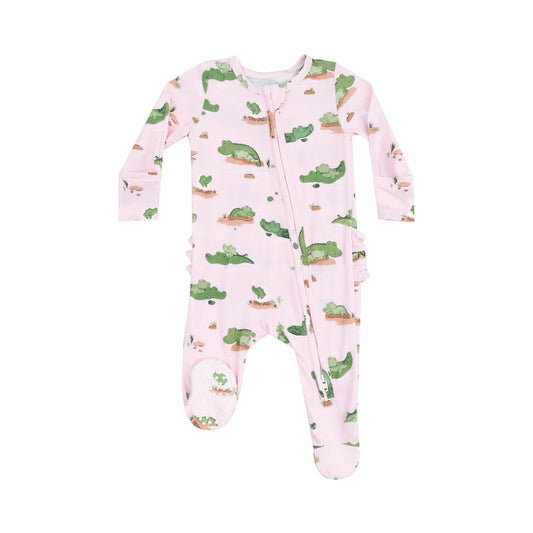 2 Way Zipper Ruffle Footie, Alligator Pink