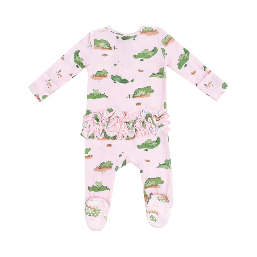 2 Way Zipper Ruffle Footie, Alligator Pink