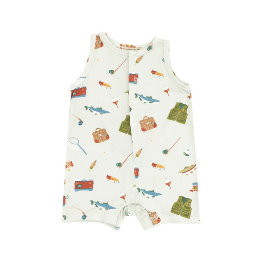 SLEEVELESS SHORTIE ROMPER - FISHING THINGS GREEN