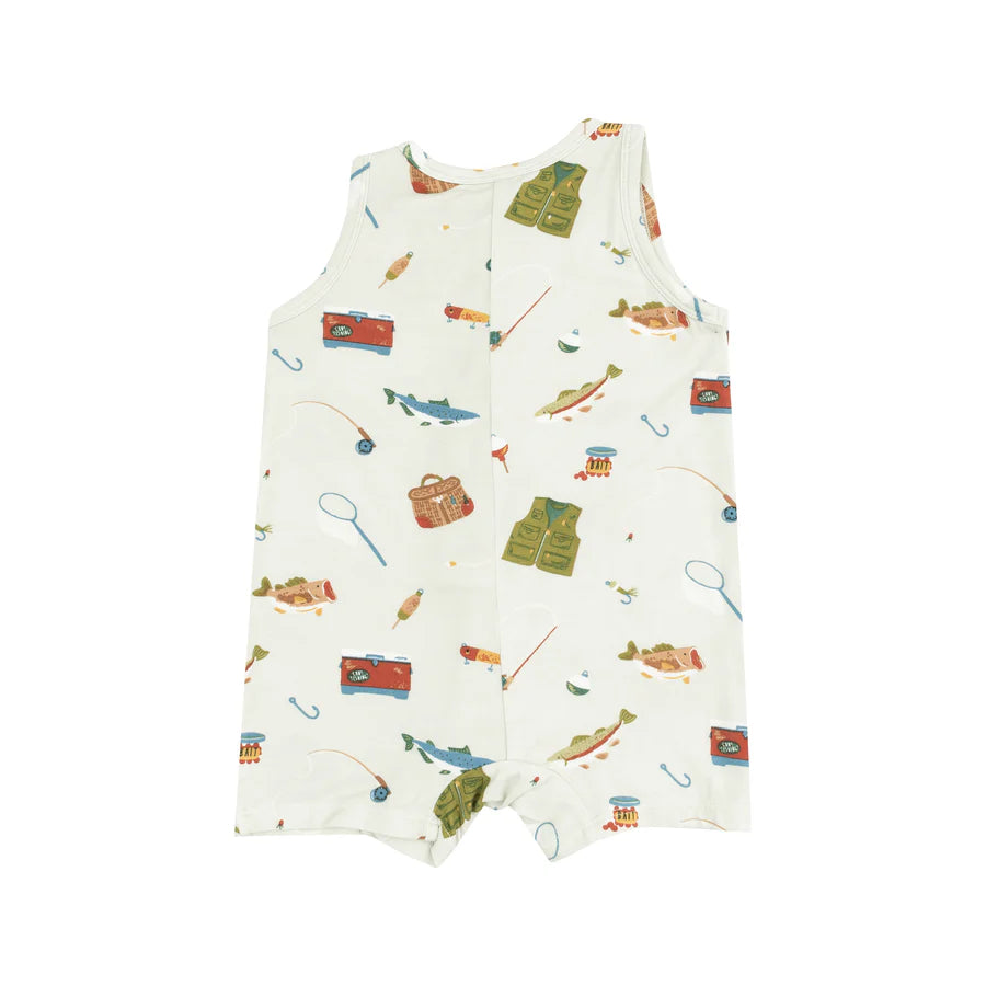 SLEEVELESS SHORTIE ROMPER - FISHING THINGS GREEN