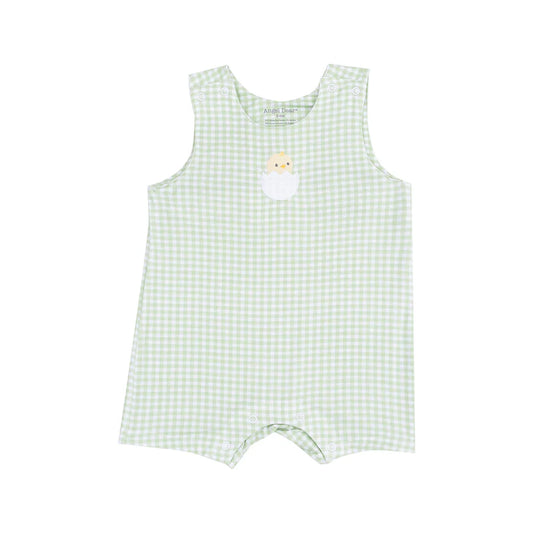 SLEEVELESS SHORTIE ROMPER WITH BABY CHICK APPLIQUE - MINI GINGHAM GREEN