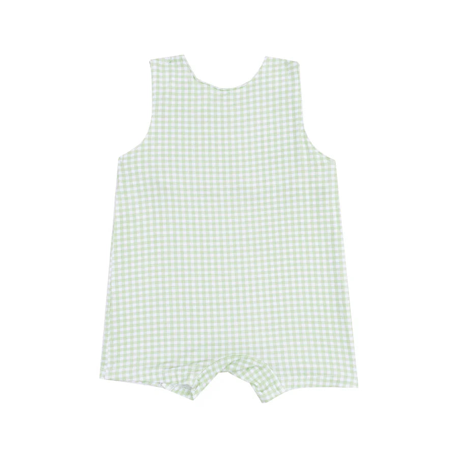 SLEEVELESS SHORTIE ROMPER WITH BABY CHICK APPLIQUE - MINI GINGHAM GREEN