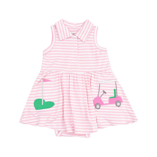 POLO COLLAR BODYSUIT DRESS WITH APPLIQUE - GOLF PINK MINI GINGHAM