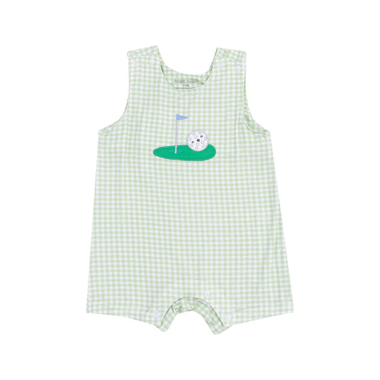 SLEEVELESS SHORTIE ROMPER WITH GOLF APPLIQUE - MINI GINGHAM GREEN