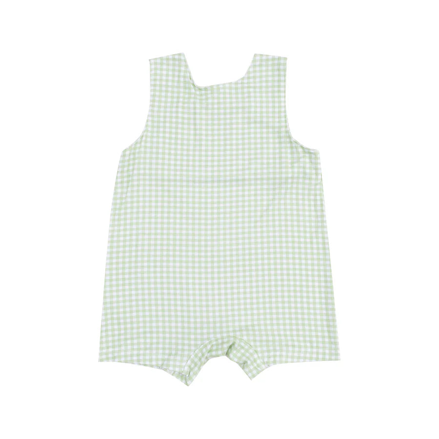 SLEEVELESS SHORTIE ROMPER WITH GOLF APPLIQUE - MINI GINGHAM GREEN