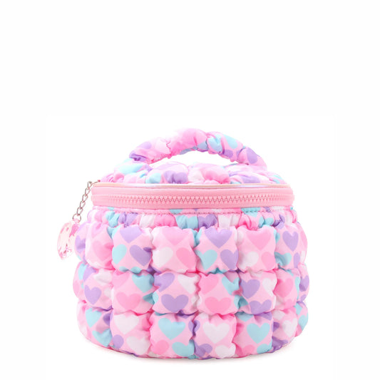 Quilted Scrunchies Printed Hearts Glam Bag with Heart Charm, Pink