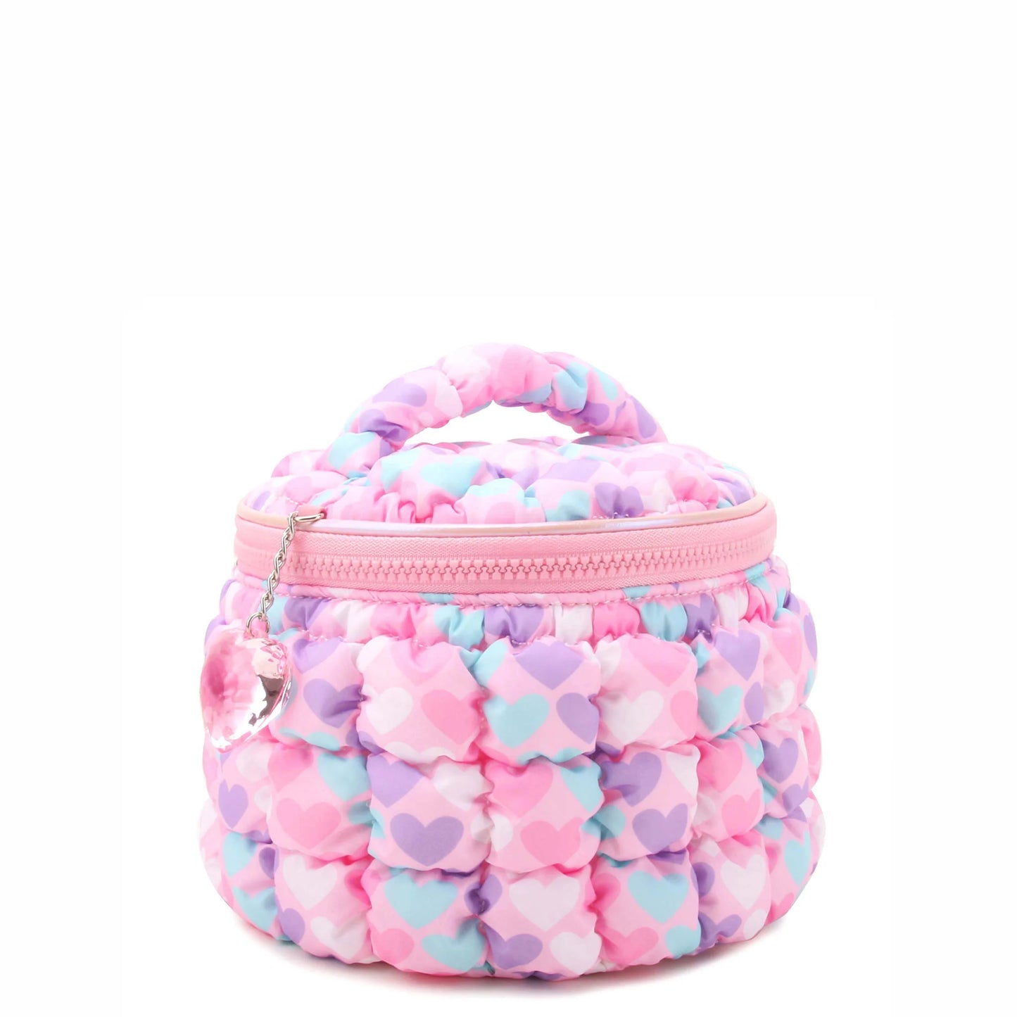 Quilted Scrunchies Printed Hearts Glam Bag with Heart Charm, Pink