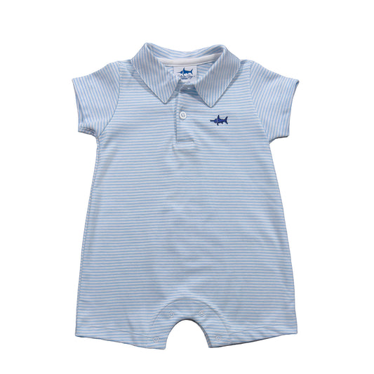 Pima Polo Romper, Light Blue Stripe