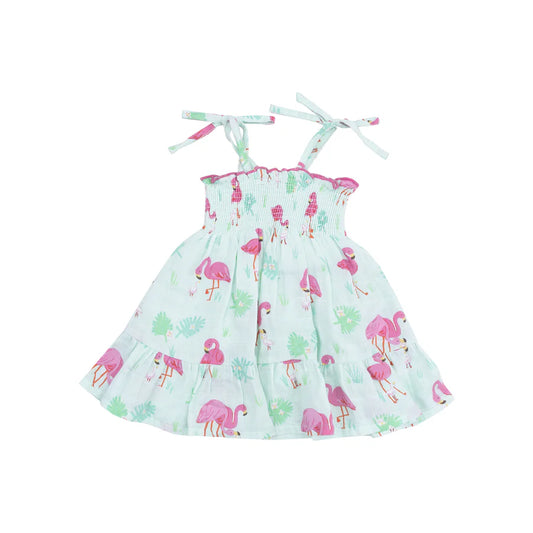 TIE STRAP SMOCKED SUN DRESS - FLAMINGOS