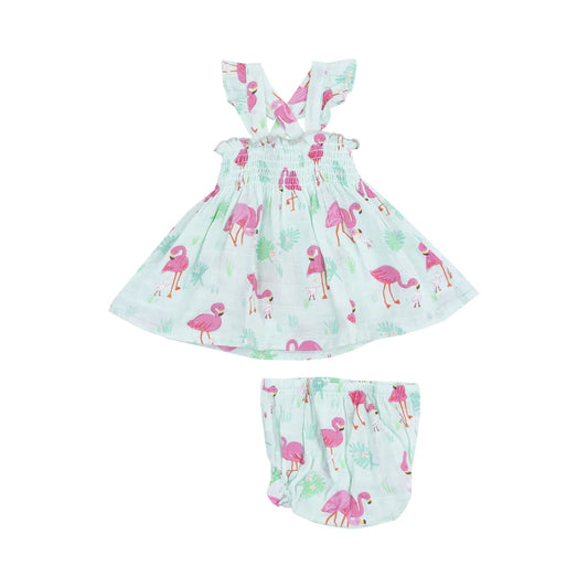 RUFFLE STRAP SMOCKED TOP AND DIAPER COVER - FLAMINGOS