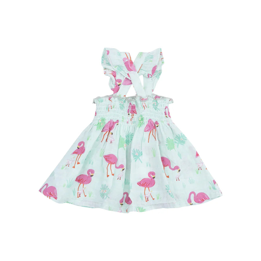 RUFFLE STRAP SMOCKED TOP AND DIAPER COVER - FLAMINGOS