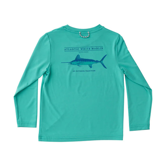 KIDS PRO PERFORMANCE LONG SLEEVE FISHING T-SHIRT IN ATLANTIS GREEN WITH WHITE MARLIN FISH