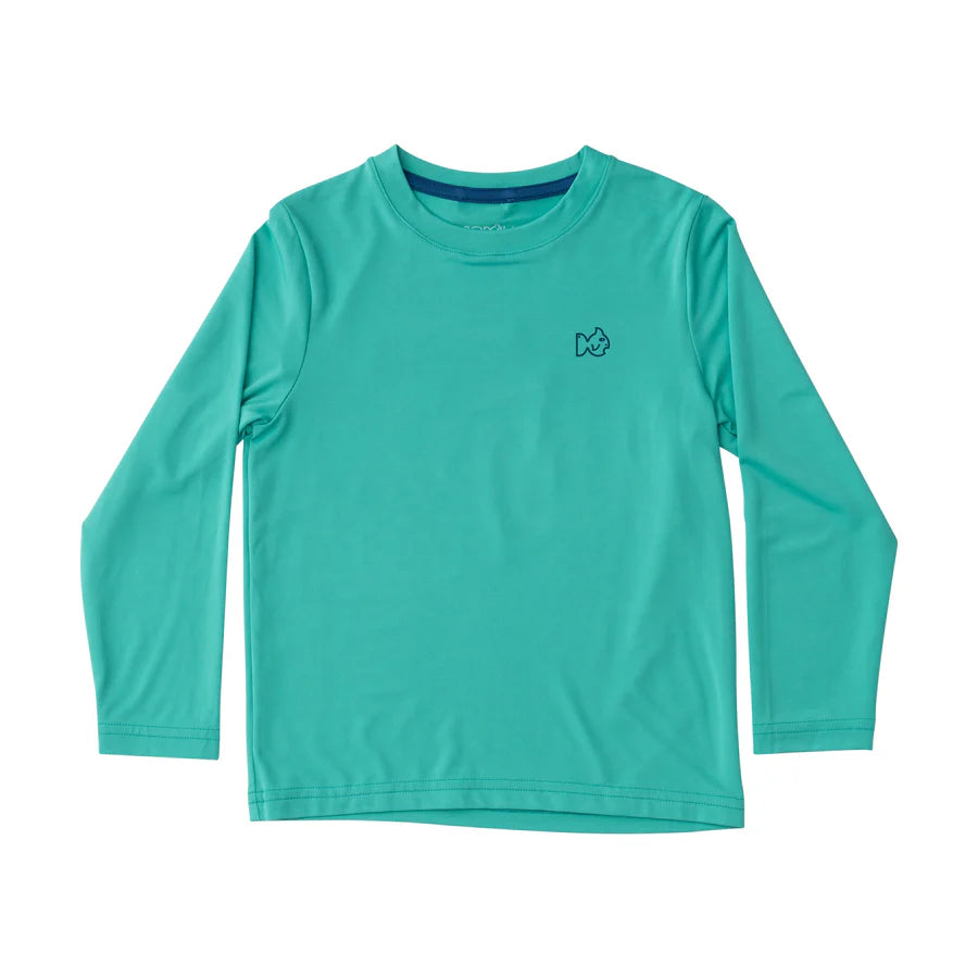 KIDS PRO PERFORMANCE LONG SLEEVE FISHING T-SHIRT IN ATLANTIS GREEN WITH WHITE MARLIN FISH