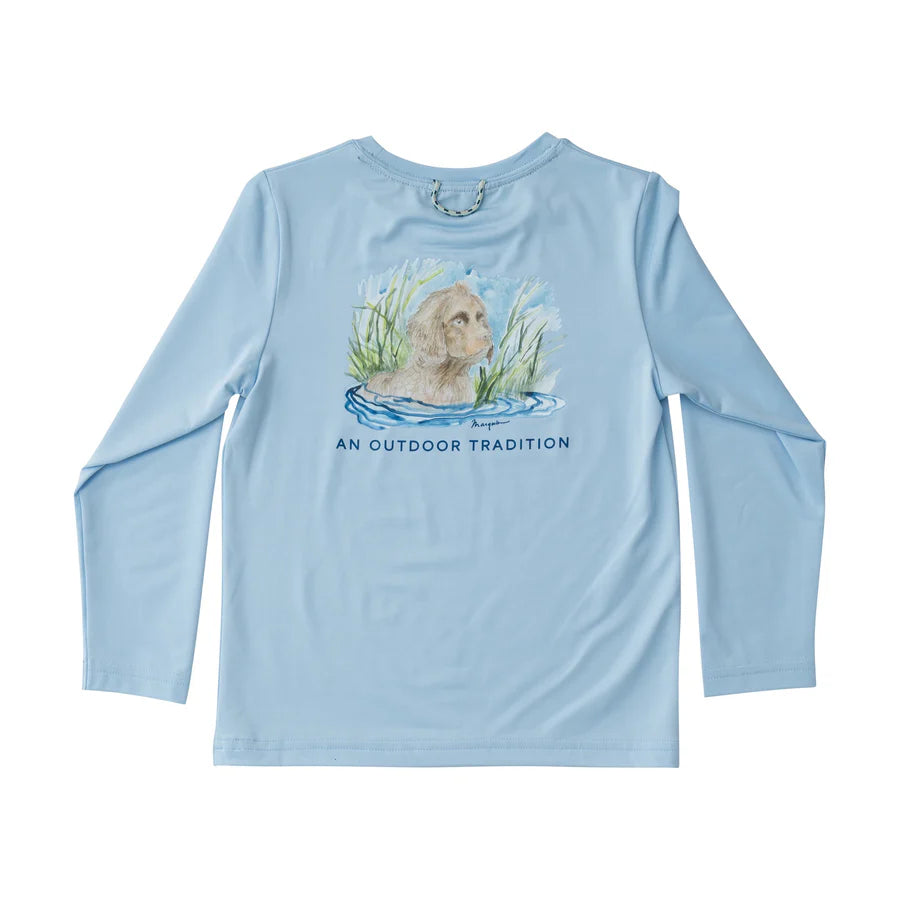 KIDS PRO PERFORMANCE LONG SLEEVE FISHING T-SHIRT IN CLEAR SKY BLUE BOYKIN SPANIEL