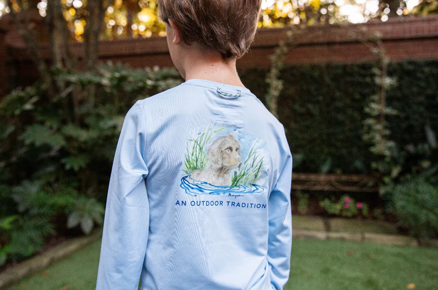 KIDS PRO PERFORMANCE LONG SLEEVE FISHING T-SHIRT IN CLEAR SKY BLUE BOYKIN SPANIEL