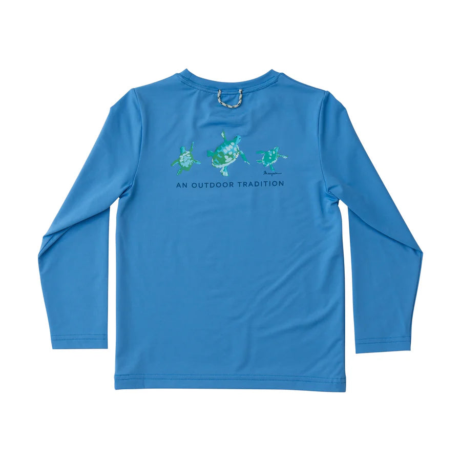 KIDS PRO PERFORMANCE LONG SLEEVE FISHING T-SHIRT IN MARINA BLUE SEA TURTLES