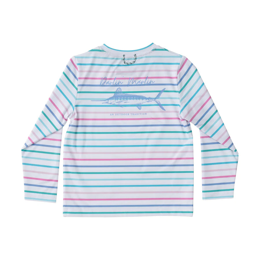 GIRLS PRO PERFORMANCE LONG SLEEVE FISHING T-SHIRT FUCHSIA PINK MULTI COLOR STRIPE DARLIN MARLIN