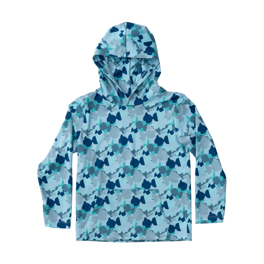 KIDS PRO PERFORMANCE HOODIE FISHING T-SHIRT IN PRODOH FISH CAMO WHITE MARLIN FISH