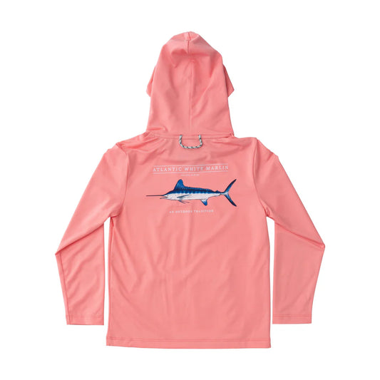 KIDS PRO PERFORMANCE HOODIE FISHING T-SHIRT IN FLAMINGO PINK WHITE MARLIN FISH