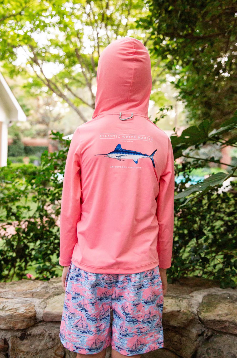 KIDS PRO PERFORMANCE HOODIE FISHING T-SHIRT IN FLAMINGO PINK WHITE MARLIN FISH