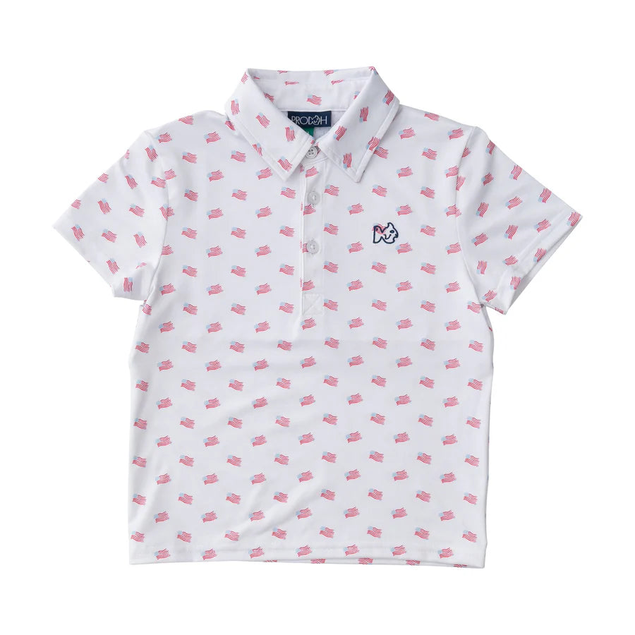 BOYS SHORT SLEEVE PRO PERFORMANCE POLO IN AMERICAN FLAG PRINT