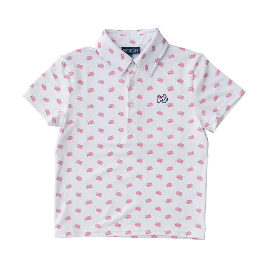 BOYS SHORT SLEEVE PRO PERFORMANCE POLO IN AMERICAN FLAG PRINT