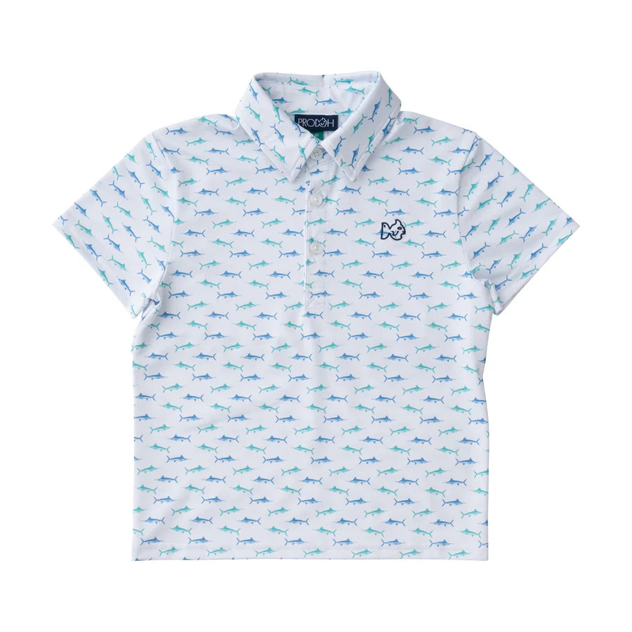 BOYS SHORT SLEEVE PRO PERFORMANCE POLO IN FISH PRINT ON WHITE