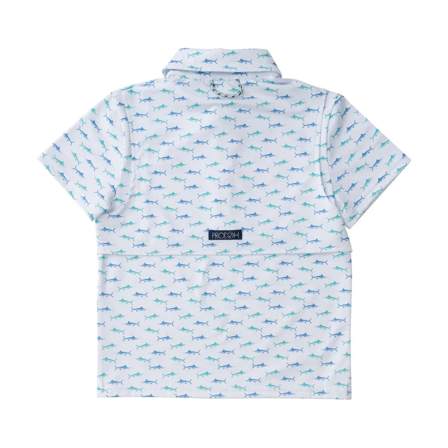 BOYS SHORT SLEEVE PRO PERFORMANCE POLO IN FISH PRINT ON WHITE