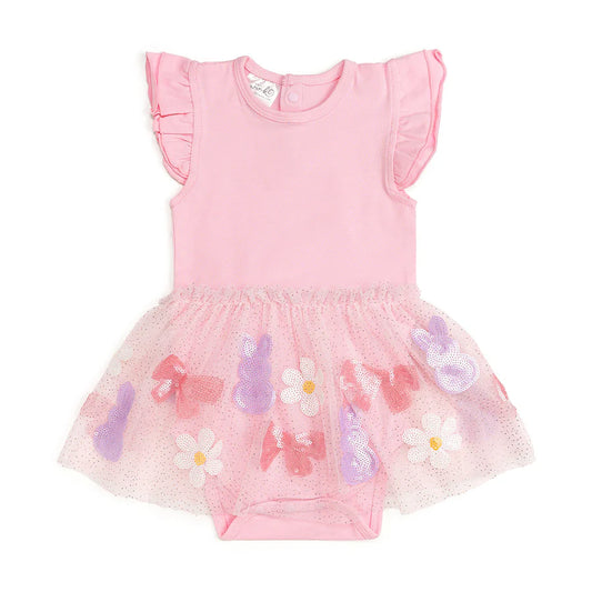 Bunny Bow Sequin Easter Short Sleeve Tutu Bodysuit