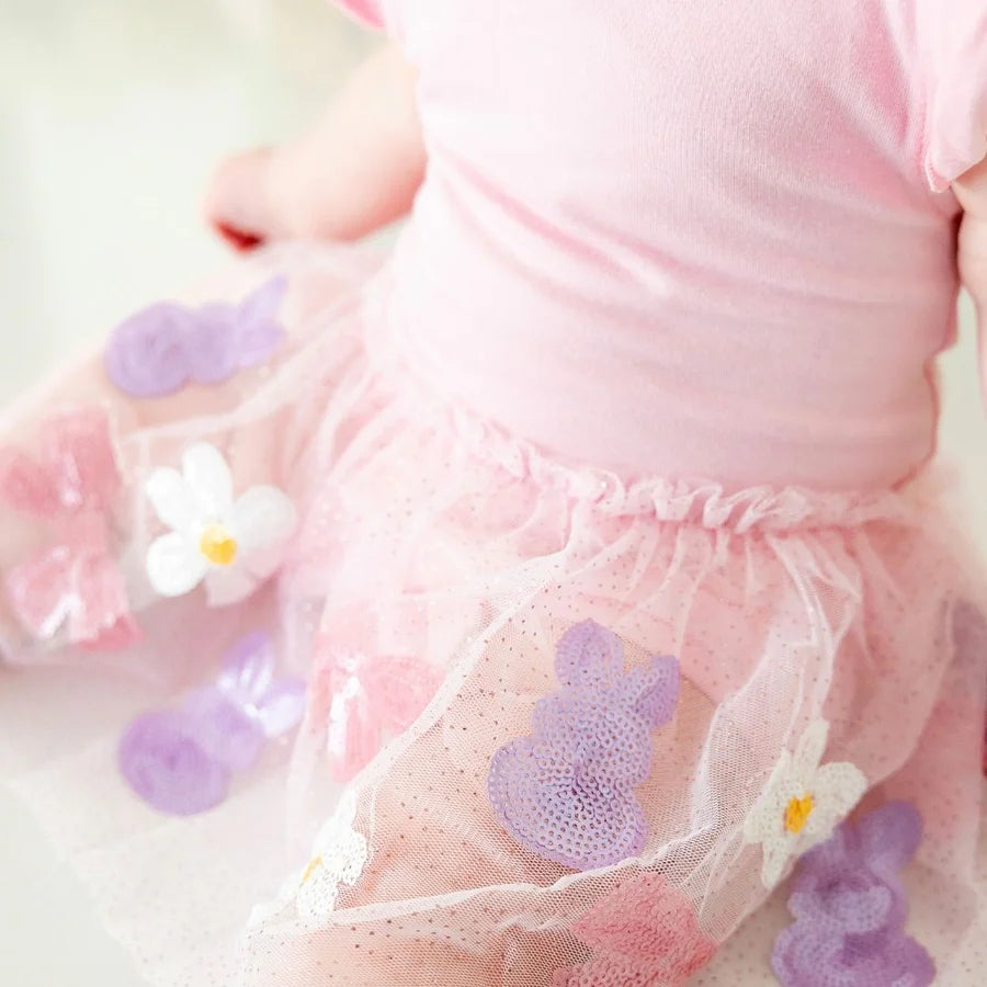 Bunny Bow Sequin Easter Short Sleeve Tutu Bodysuit