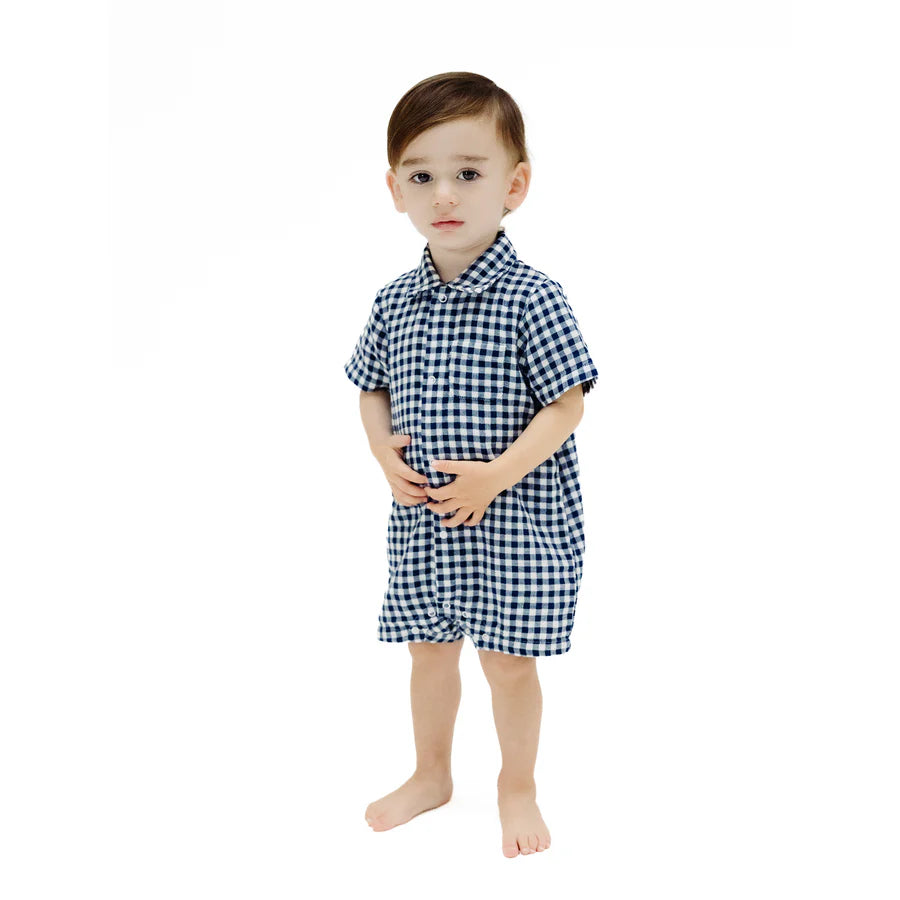 BUTTON DOWN POLO SHORTIE - NAVY GINGHAM