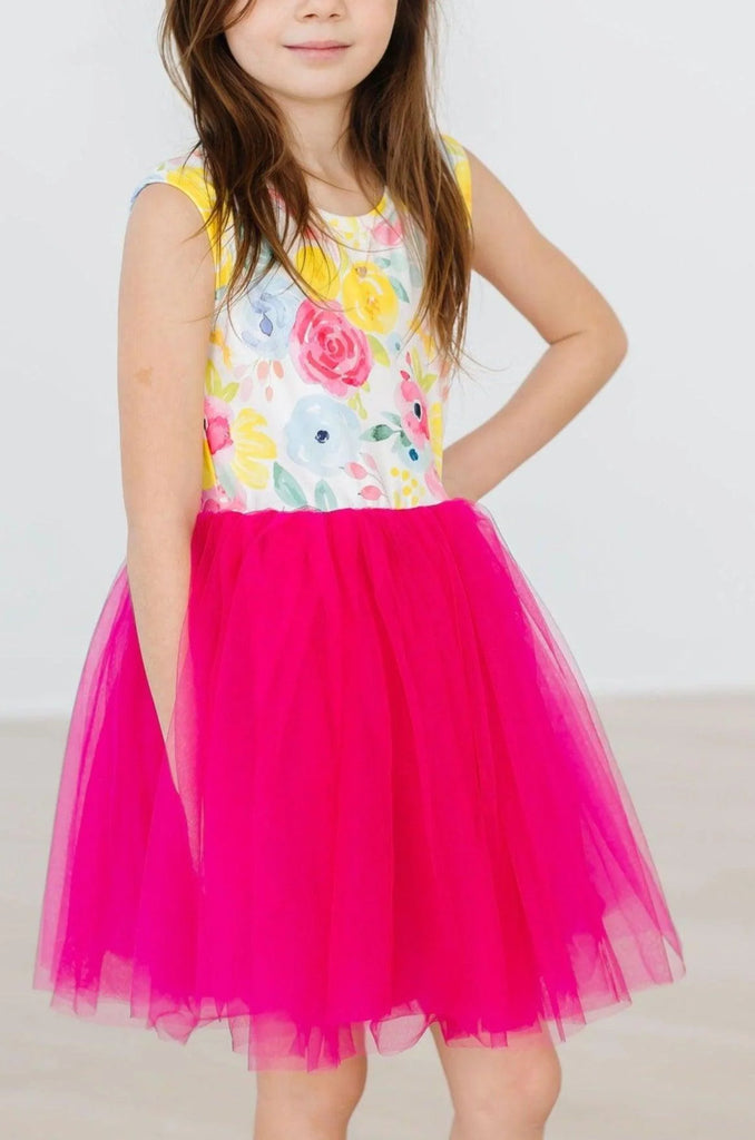 mila & rose rosie tank pink tutu dress featuring pink, blue & yellow flowers